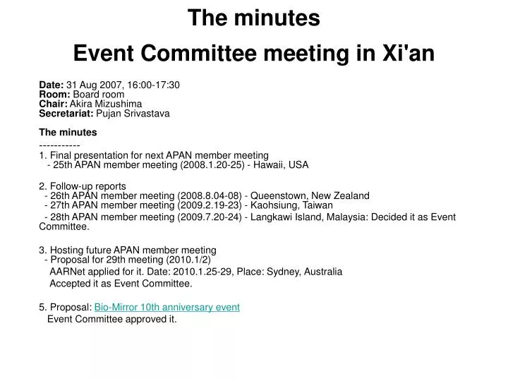 the minutes event committee meeting in xi an