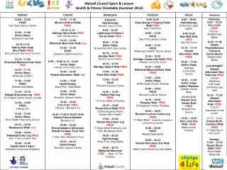 Walsall Council Sport &amp; Leisure Health &amp; Fitness Timetable (Summer 2013)