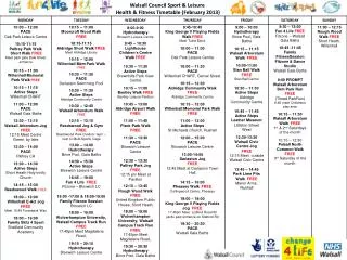 Walsall Council Sport &amp; Leisure Health &amp; Fitness Timetable (February 2013)