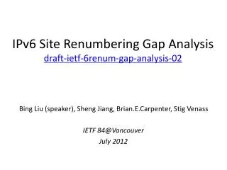 IPv6 Site Renumbering Gap Analysis draft-ietf-6renum-gap-analysis-02