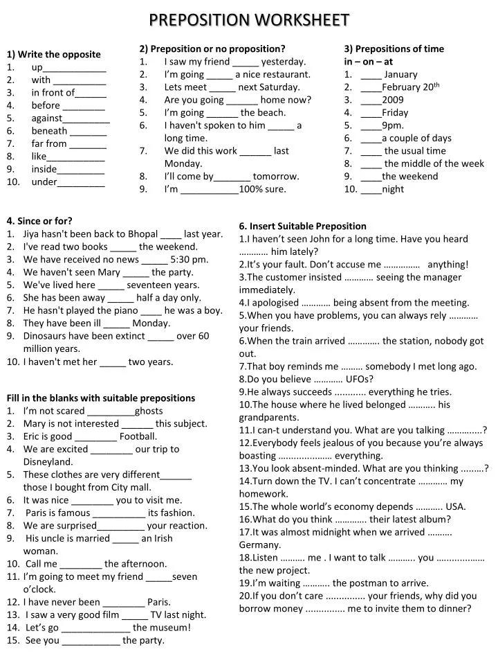 preposition worksheet