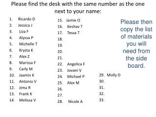 Please find the desk with the same number as the one next to your name: