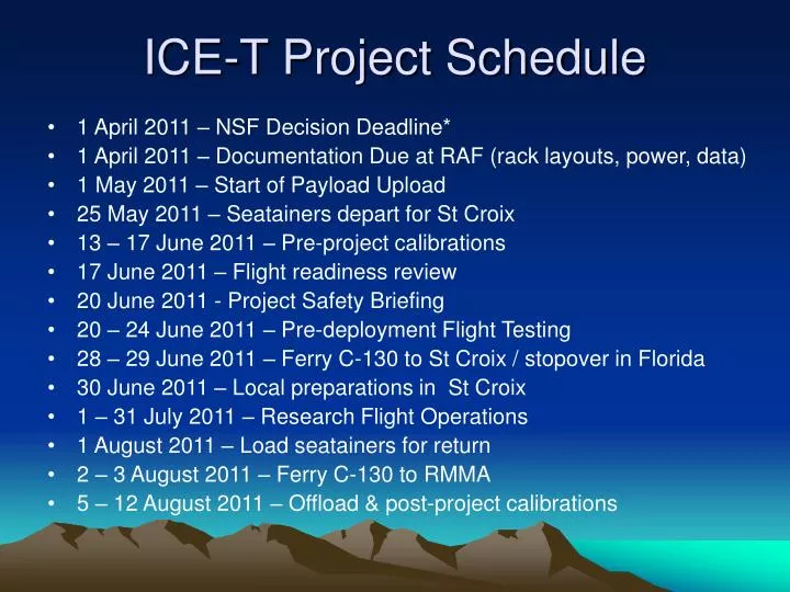 ice t project schedule