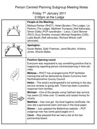 Person Centred Planning Subgroup Meeting Notes