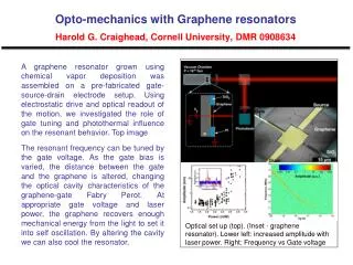 Opto-mechanics with Graphene resonators Harold G. Craighead, Cornell University, DMR 0908634