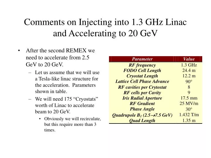 comments on injecting into 1 3 ghz linac and accelerating to 20 gev