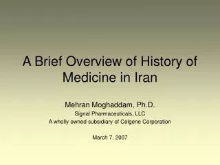 A Brief Overview of History of Medicine in Iran