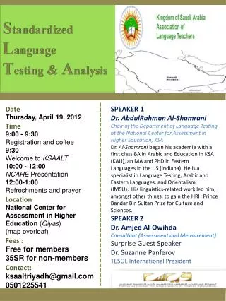 Date Thursday, April 19, 2012 Time 9:00 - 9:30 Registration and coffee 9:30 Welcome to KSAALT