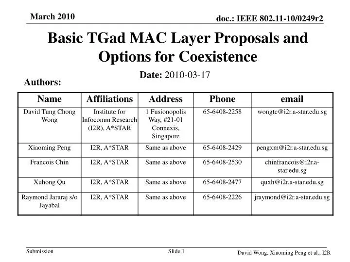 basic tgad mac layer proposals and options for coexistence