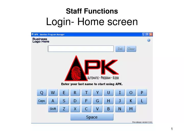 staff functions login home screen