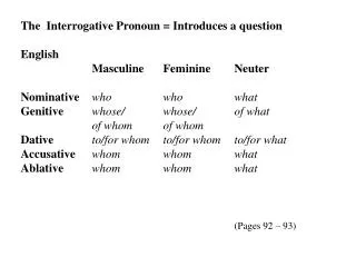 The Interrogative Pronoun = Introduces a question English 		Masculine	Feminine	Neuter
