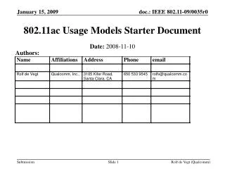 802.11ac Usage Models Starter Document