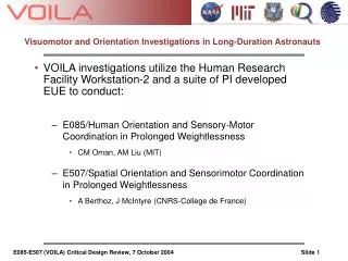 Visuomotor and Orientation Investigations in Long-Duration Astronauts