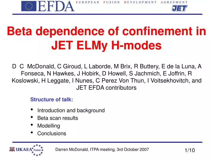beta dependence of confinement in jet elmy h modes