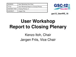 User Workshop Report to Closing Plenary