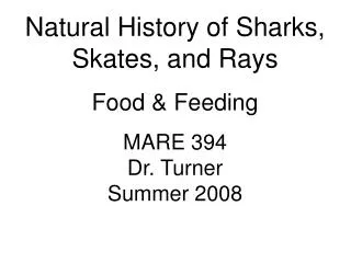 Natural History of Sharks, Skates, and Rays Food &amp; Feeding MARE 394 Dr. Turner Summer 2008
