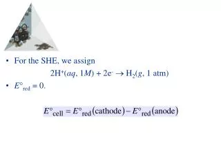 For the SHE, we assign 2H + ( aq , 1 M ) + 2e - ? H 2 ( g , 1 atm) E ? red = 0.