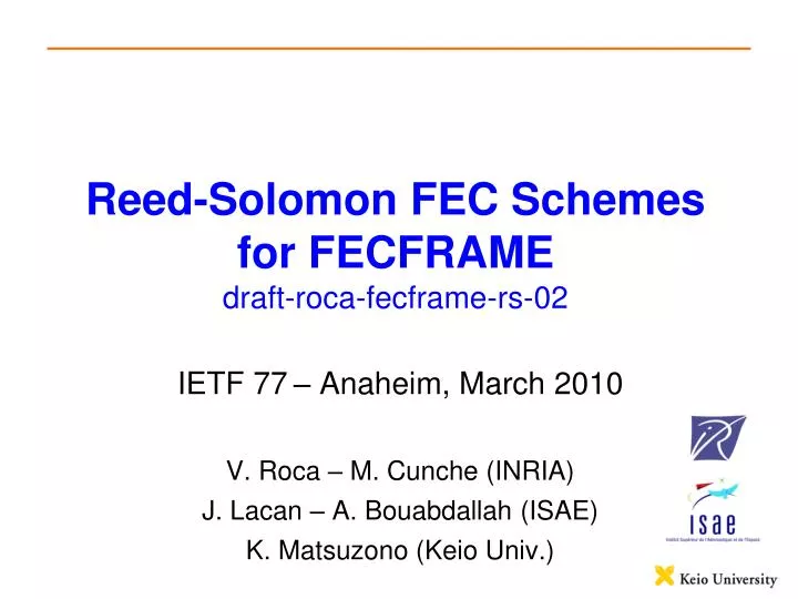reed solomon fec schemes for fecframe draft roca fecframe rs 02