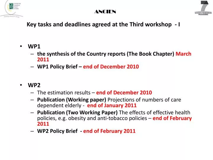 key tasks and deadlines agreed at the third workshop i