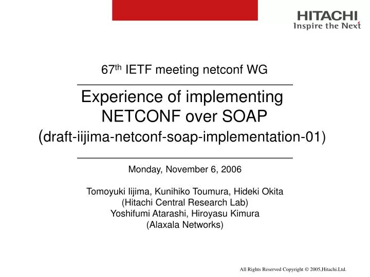 experience of implementing netconf over soap draft iijima netconf soap implementation 01