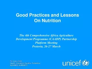 Good Practices and Lessons On Nutrition