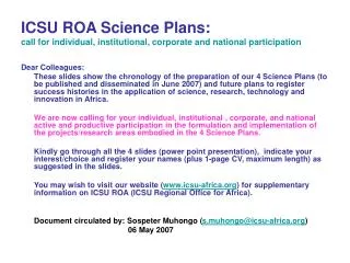 ICSU ROA Science Plans: call for individual, institutional, corporate and national participation
