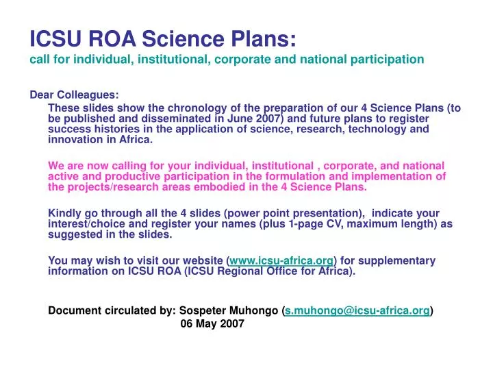icsu roa science plans call for individual institutional corporate and national participation