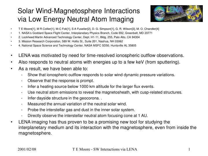 solar wind magnetosphere interactions via low energy neutral atom imaging