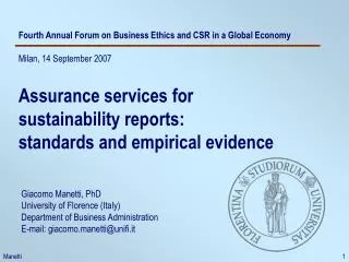 Fourth Annual Forum on Business Ethics and CSR in a Global Economy Milan, 14 September 2007