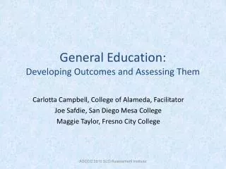 General Education: Developing Outcomes and Assessing Them