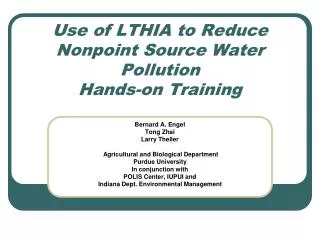 Use of LTHIA to Reduce Nonpoint Source Water Pollution Hands-on Training
