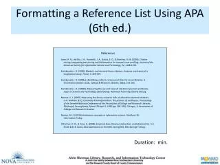 Formatting a Reference List Using APA (6th ed.)