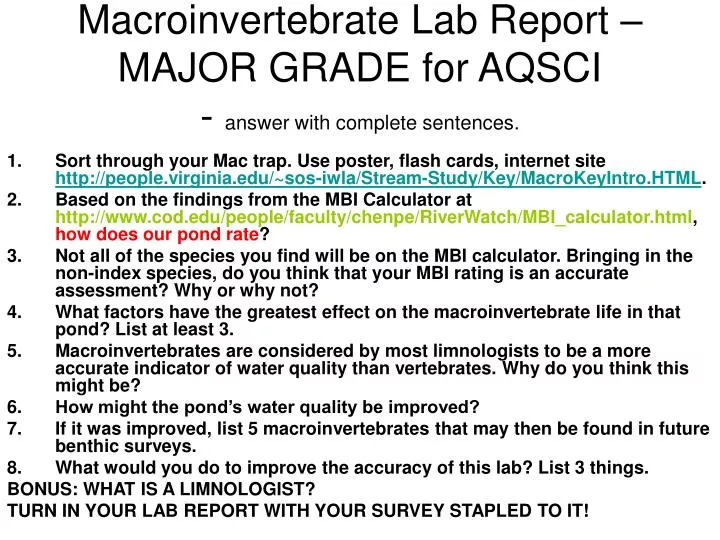 macroinvertebrate lab report major grade for aqsci answer with complete sentences