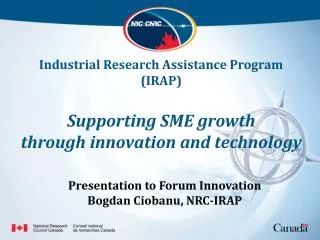 Industrial Research Assistance Program (IRAP) Supporting SME growth