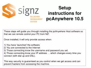 Setup instructions for pcAnywhere 10.5