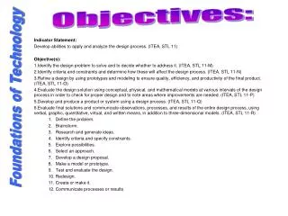 Indicator Statement: Develop abilities to apply and analyze the design process. (ITEA, STL 11)