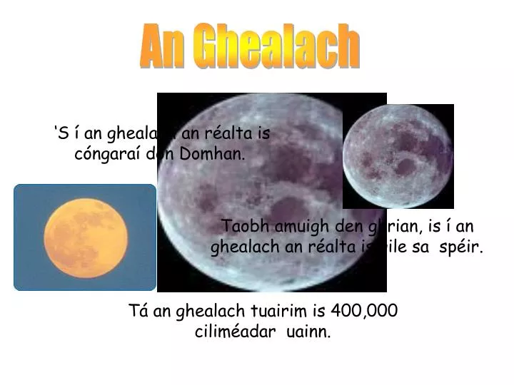 t an ghealach tuairim is 400 000 cilim adar uainn