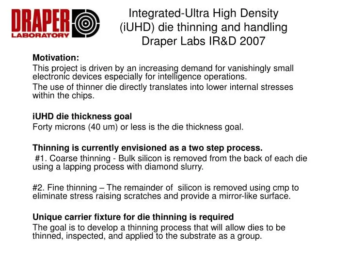 integrated ultra high density iuhd die thinning and handling draper labs ir d 2007