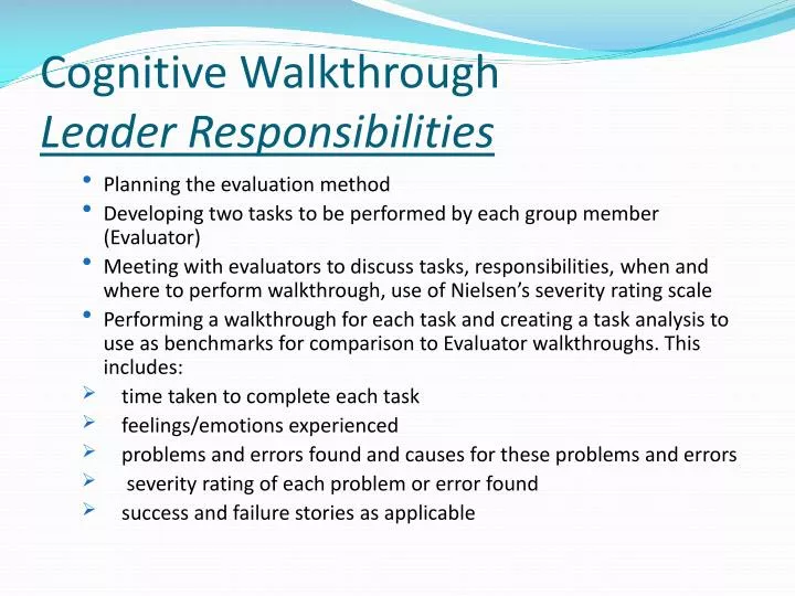 cognitive walkthrough leader responsibilities