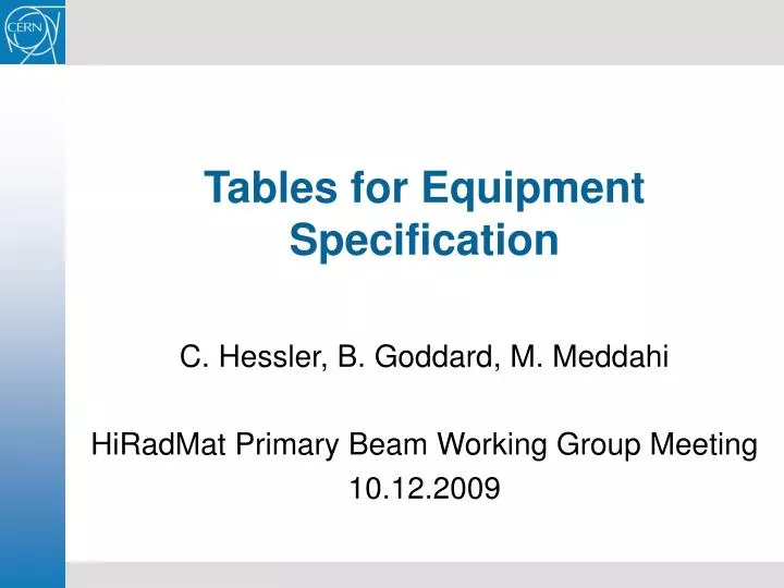 tables for equipment specification