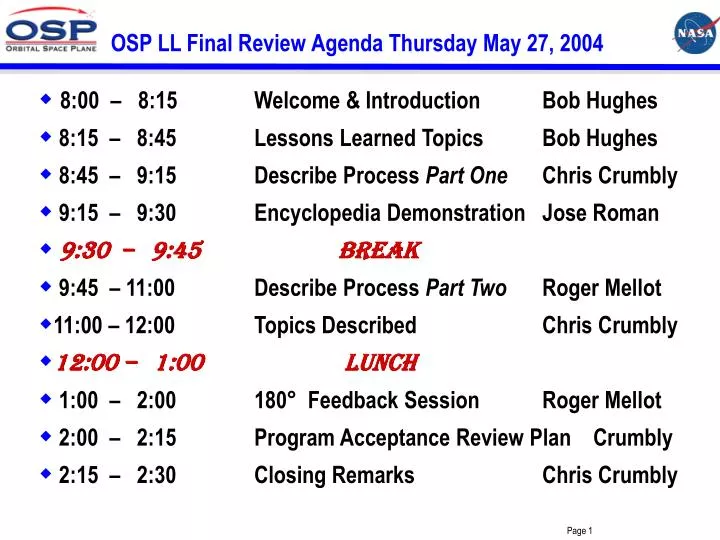 osp ll final review agenda thursday may 27 2004