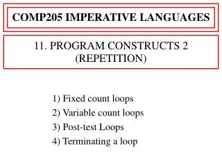 1) Fixed count loops 2) Variable count loops 3) Post-test Loops 4) Terminating a loop
