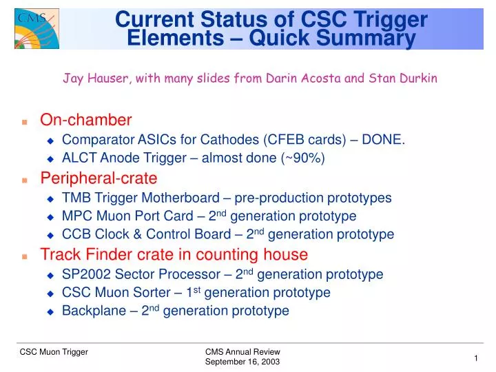 current status of csc trigger elements quick summary