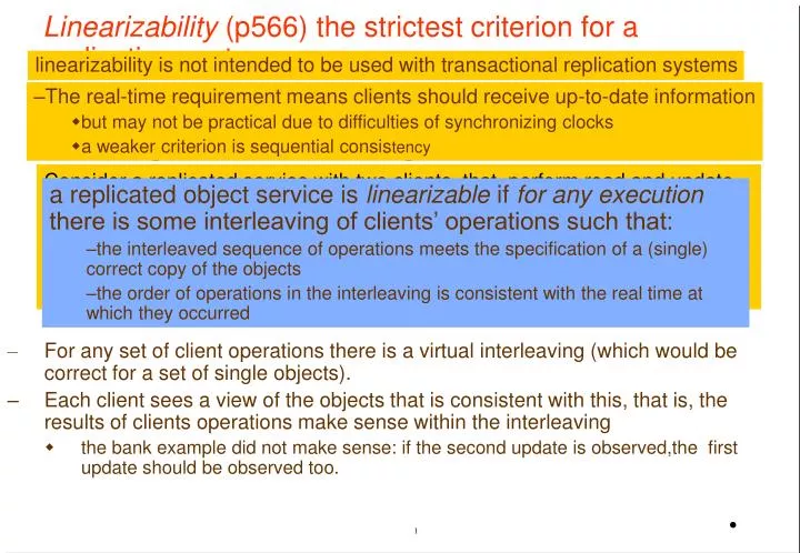 linearizability p566 the strictest criterion for a replication system