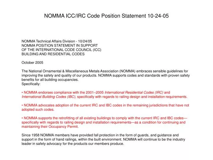 nomma icc irc code position statement 10 24 05