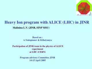 Heavy Ion program with ALICE (LHC) in JINR Malinina L.V. (JINR, SINP MSU)