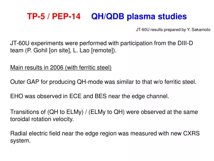 tp 5 pep 14 qh qdb plasma studies