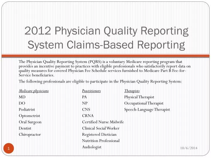 2012 physician quality reporting system claims based reporting