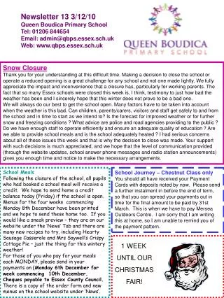 Newsletter 13 3/12/10 Queen Boudica Primary School Tel: 01206 844654