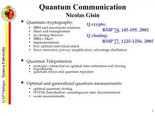 Quantum Communication Nicolas Gisin